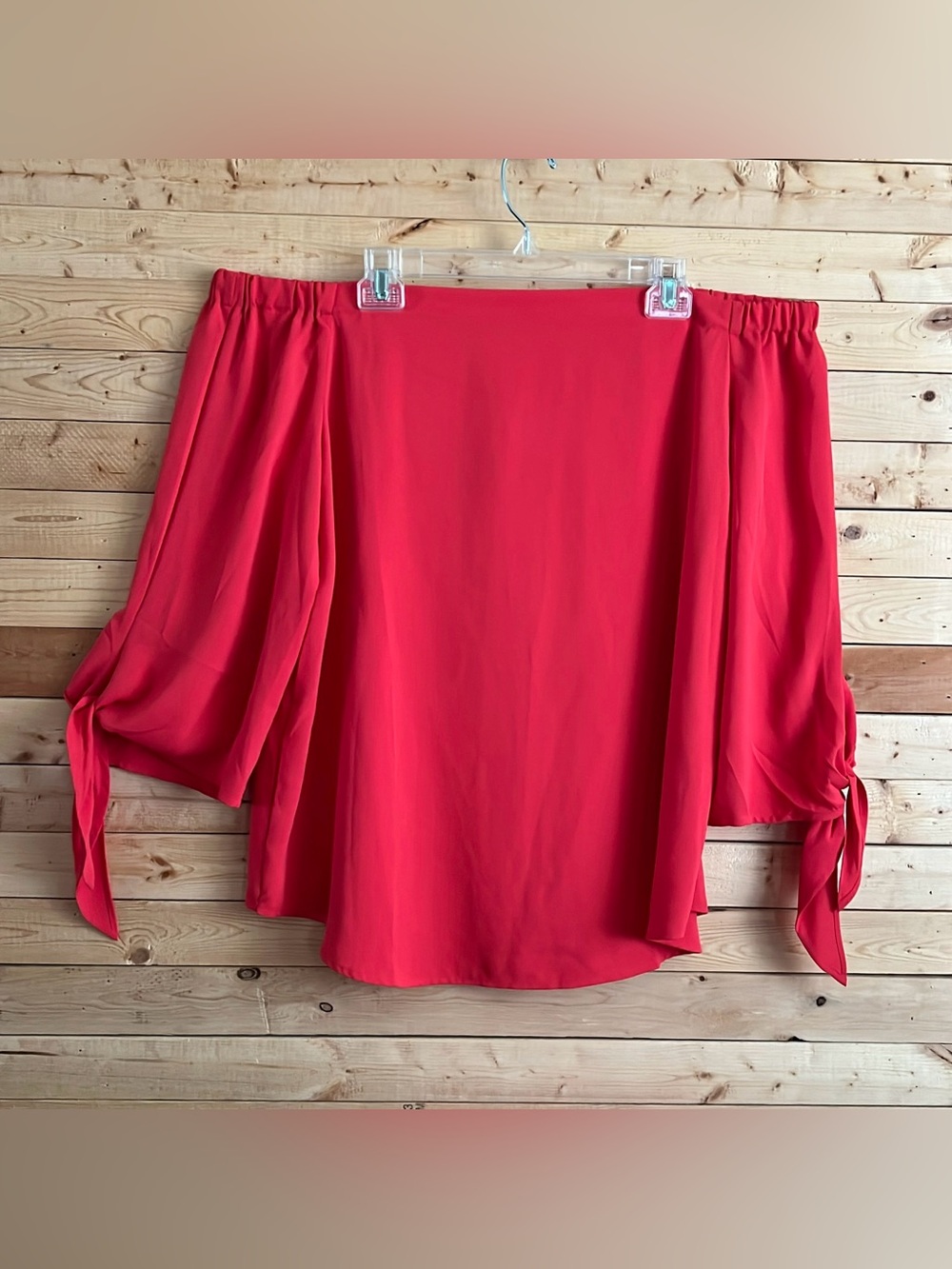 Chico’s Annatto Orange Off Shoulder 3/4 Tie Sleeves Fashion Blouse Top Size 3